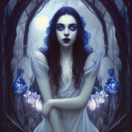 Moonlit Garden of Blue Tulips: Gothic Fantasy Art