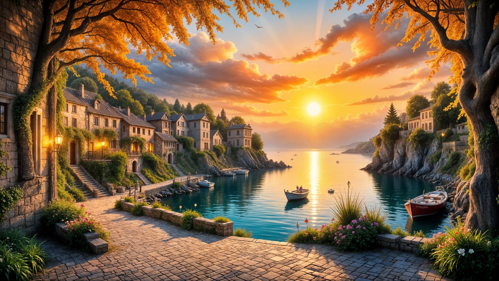 Idyllic Harbor Sunset Digital Painting