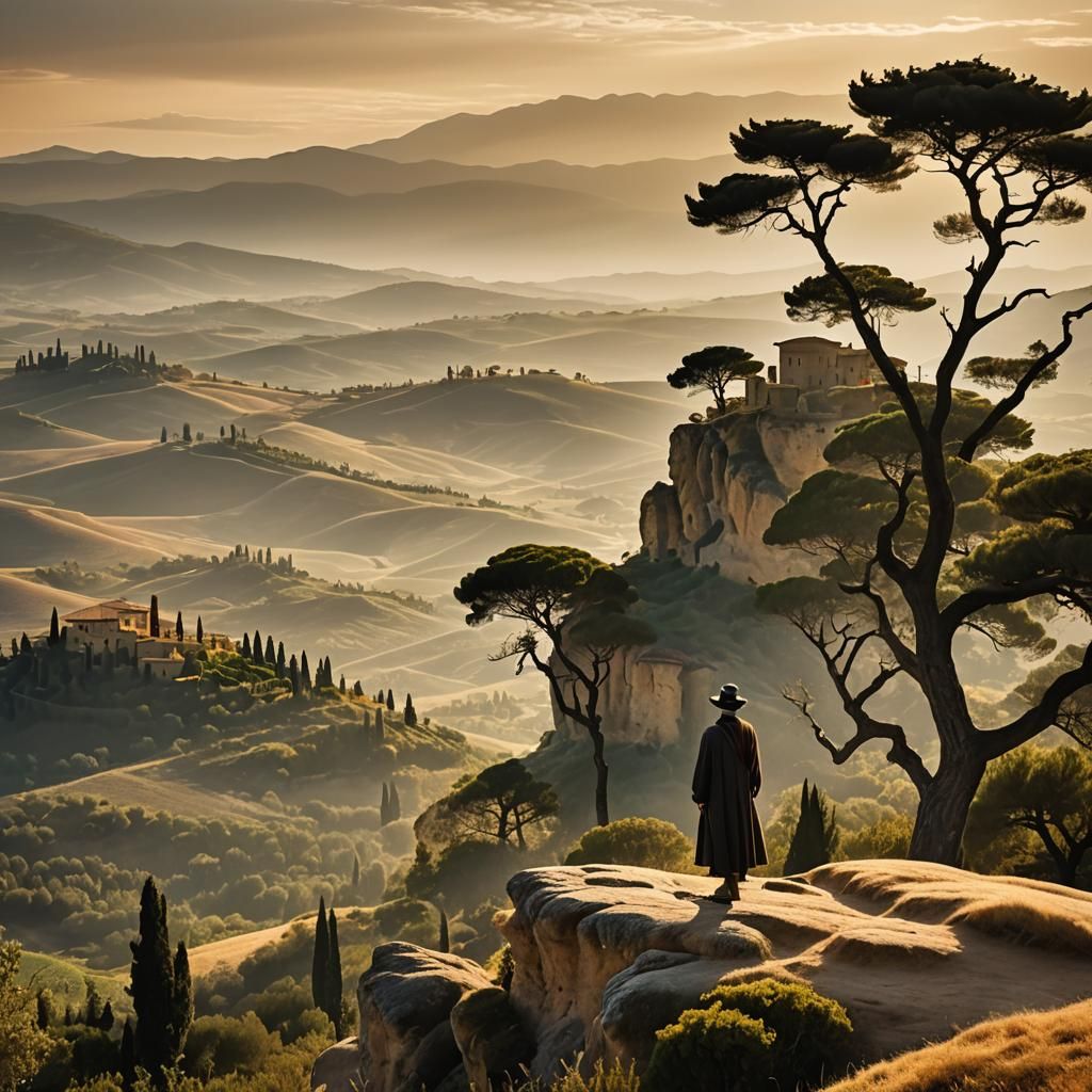 Tuscan King Overlooks Rolling Hills in Cinematic Light