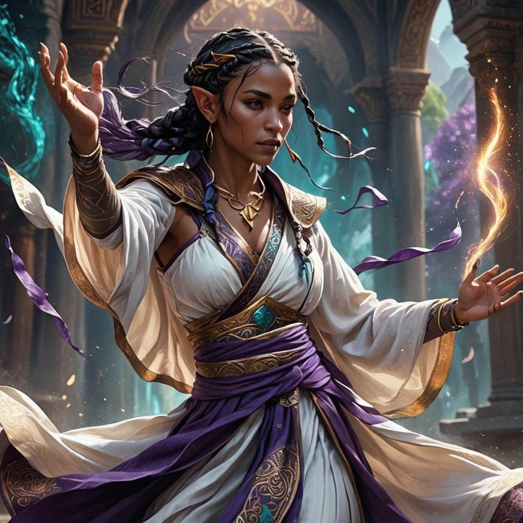 Dancing Elf Monk in Fantasy Landscape