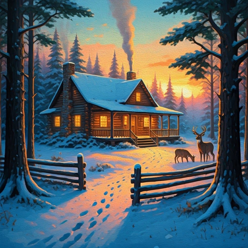 Snowy Winter Cabin Scene in Oil Painting Style