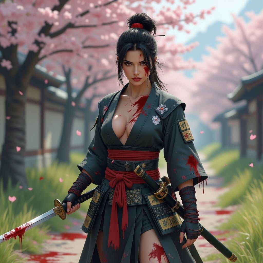 Wounded Samurai Woman Amidst Sakura Trees