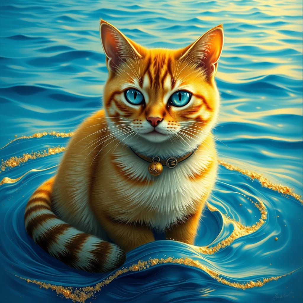 Regal Golden Cat Surrounded by Ocean Waves in Whimsical Art ...