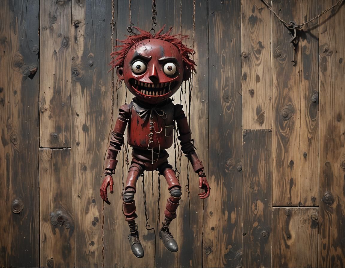 Grotesque Marionette Oozing Oil in Ominous Landscape