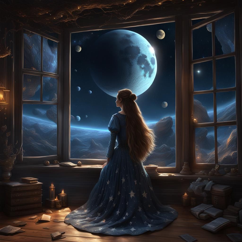 Celestial Woman with Universe Hair, Dark Fantasy Art