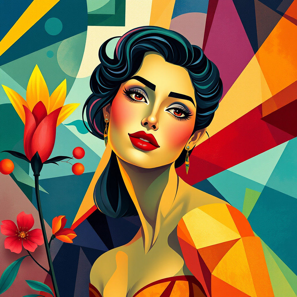 Whimsical Woman in Neo-Cubist Digital Art Style