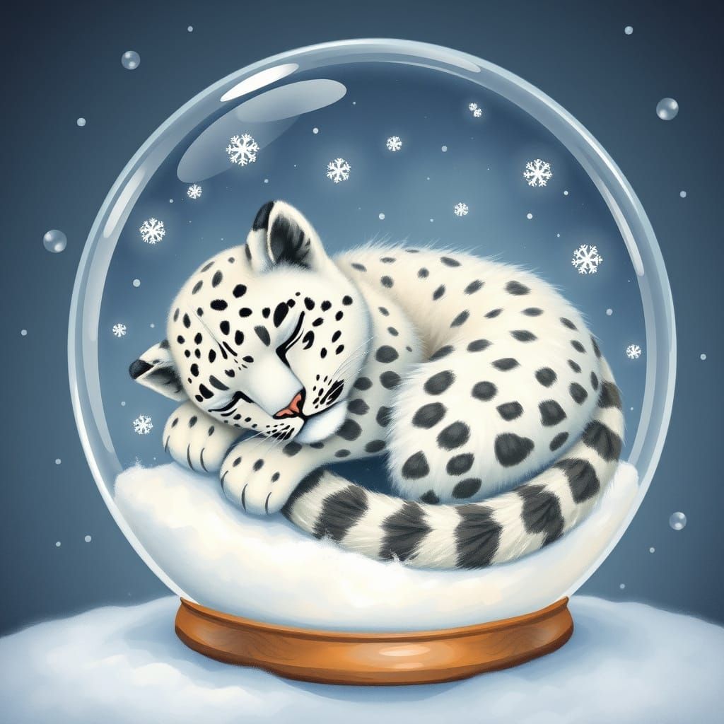 Snow Leopard Sleeping Peacefully in Snow Globe