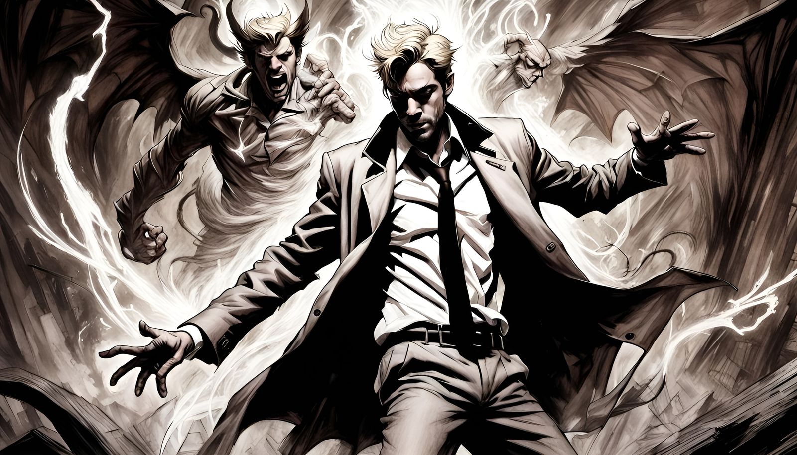 Charcoal art of
john Constantine fighting demons, dynamic and action-packed.