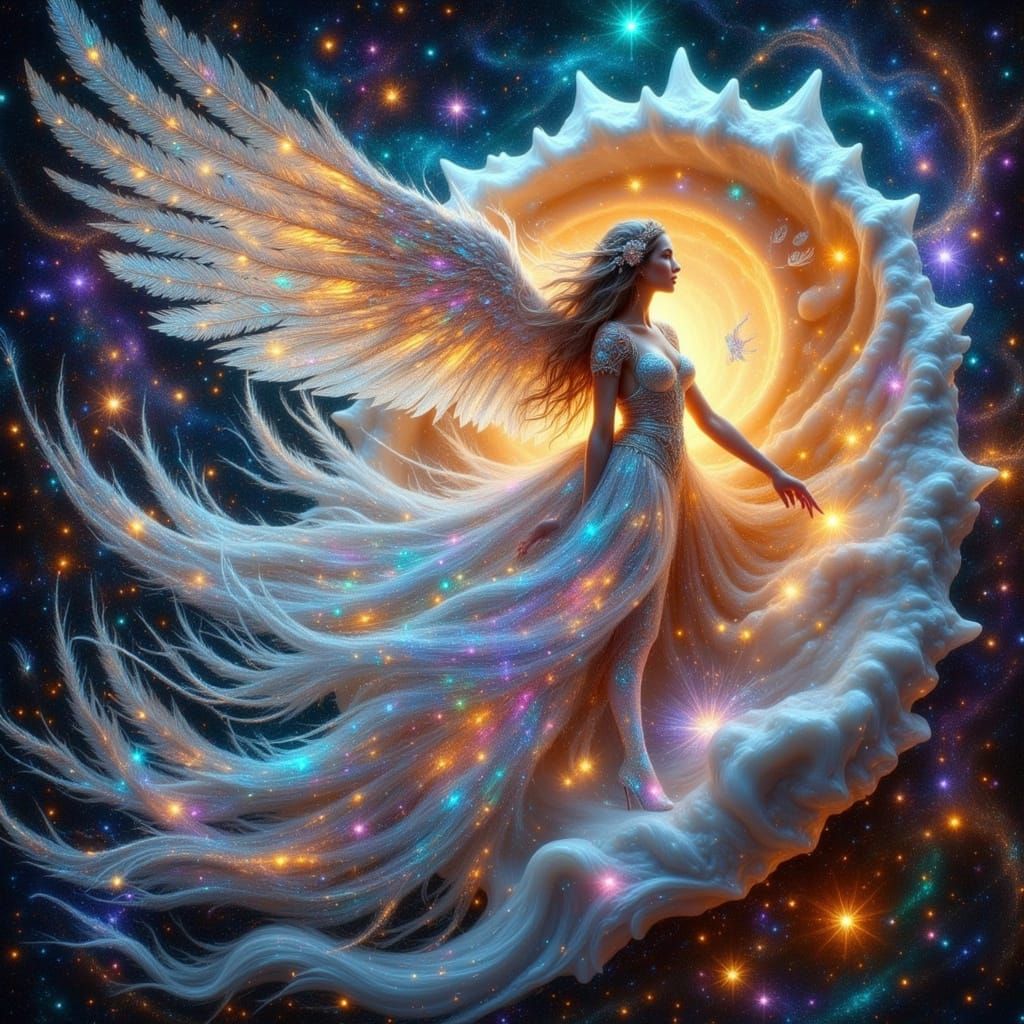 Star Angel Emerges from Seashell, Dreamy and Ethereal