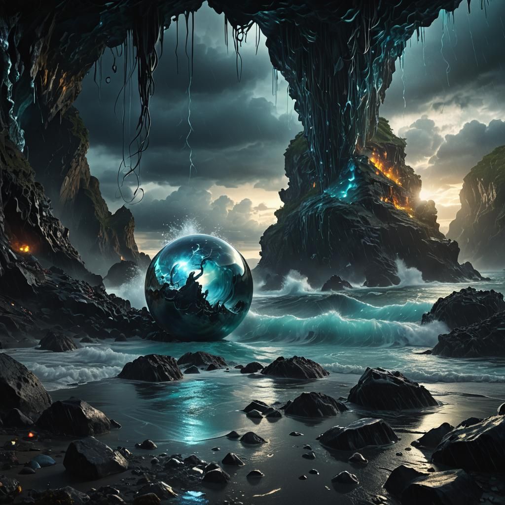 Black Pearl Merges with Glass in Ocean Cave