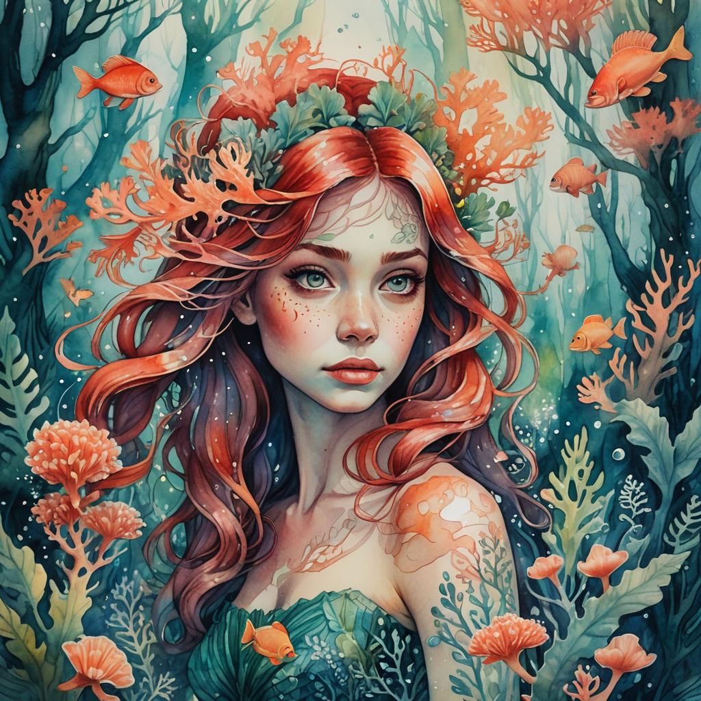 Ariel Portrait with Coral Forest in Mixed Media