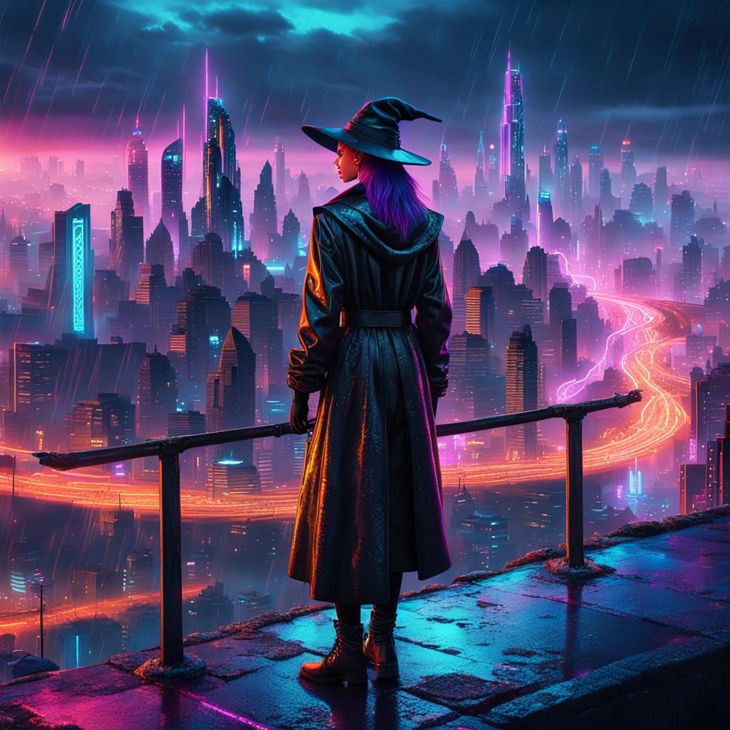 Neon Cyberpunk Witch Overlooking Futuristic Cityscape