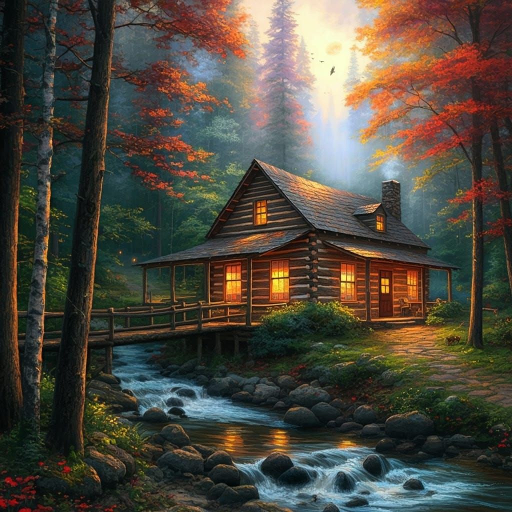 Whimsical Woodland River Scene in Dreamy Fantasy Style