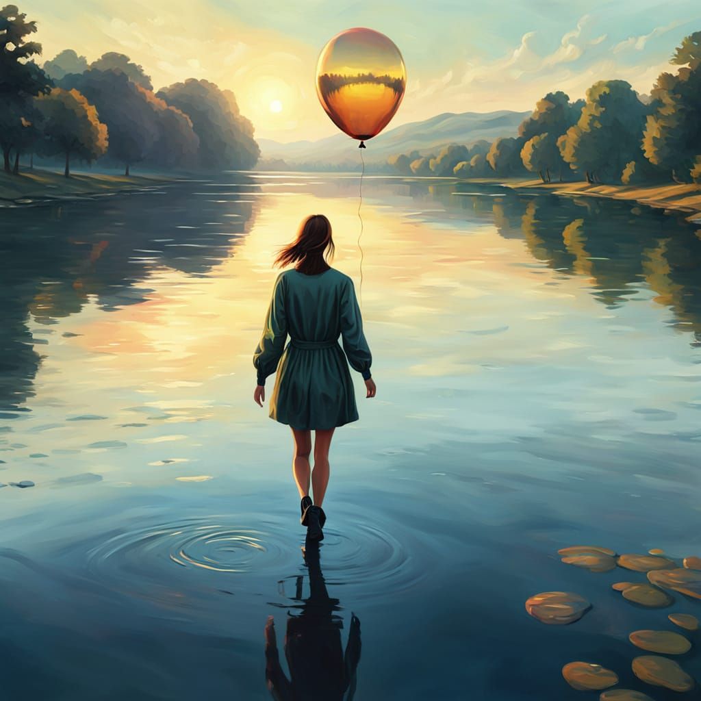 Girl with Balloon by Lake: Digital Oil Painting