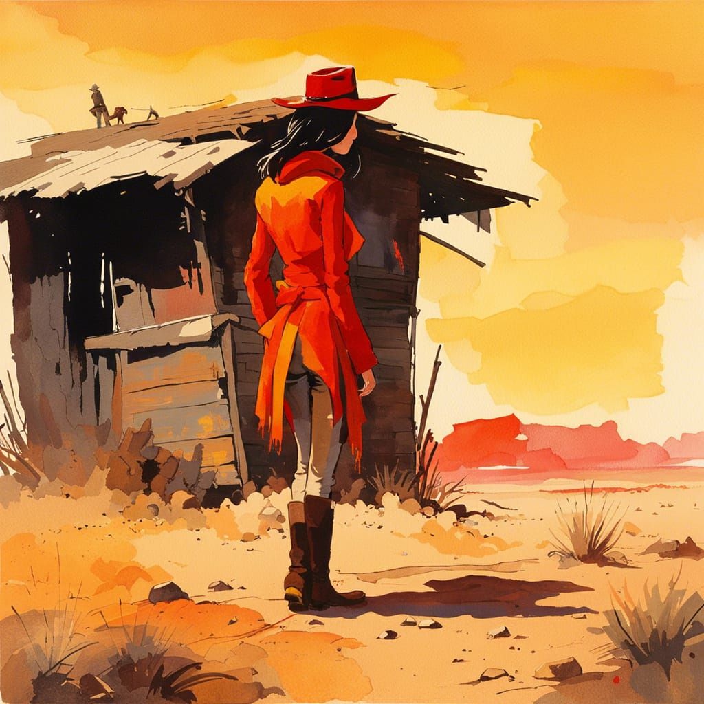 Cowgirl in Mojave Desert Sunset: Gouache Style