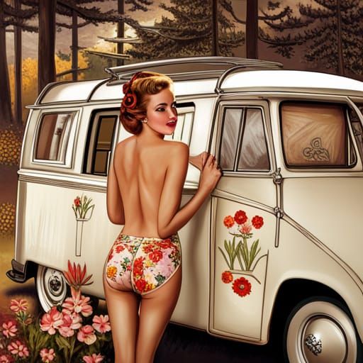 Vintage Pin-Up Girl Advertisement in Neo-Impressionism Style