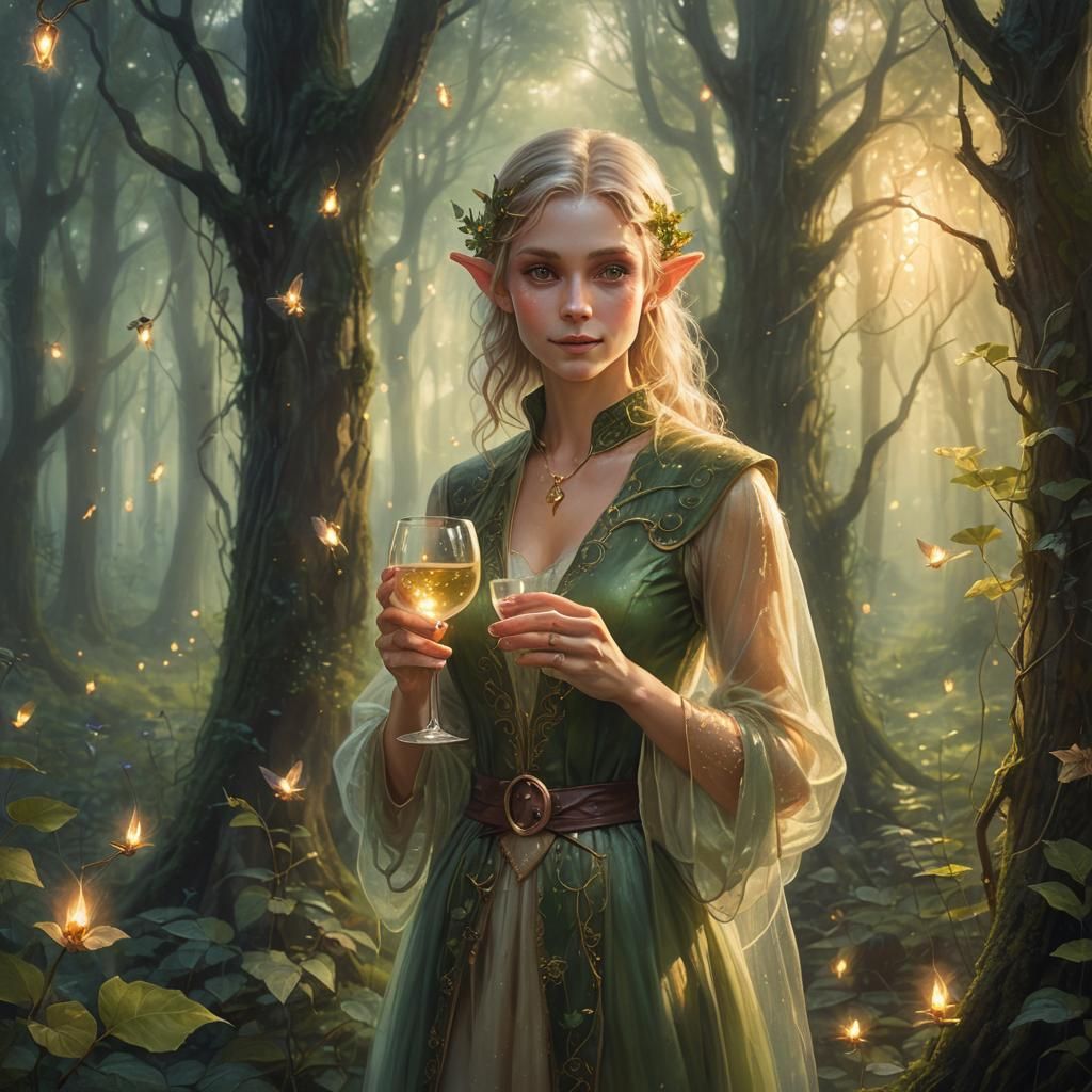 Elf Offering Wine in Luminous Forest
