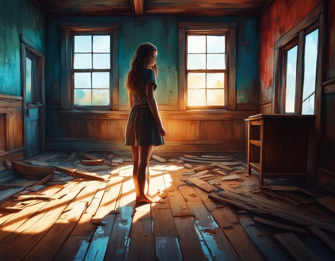 Girl Exploring Abandoned House Interior in Hyperrealism