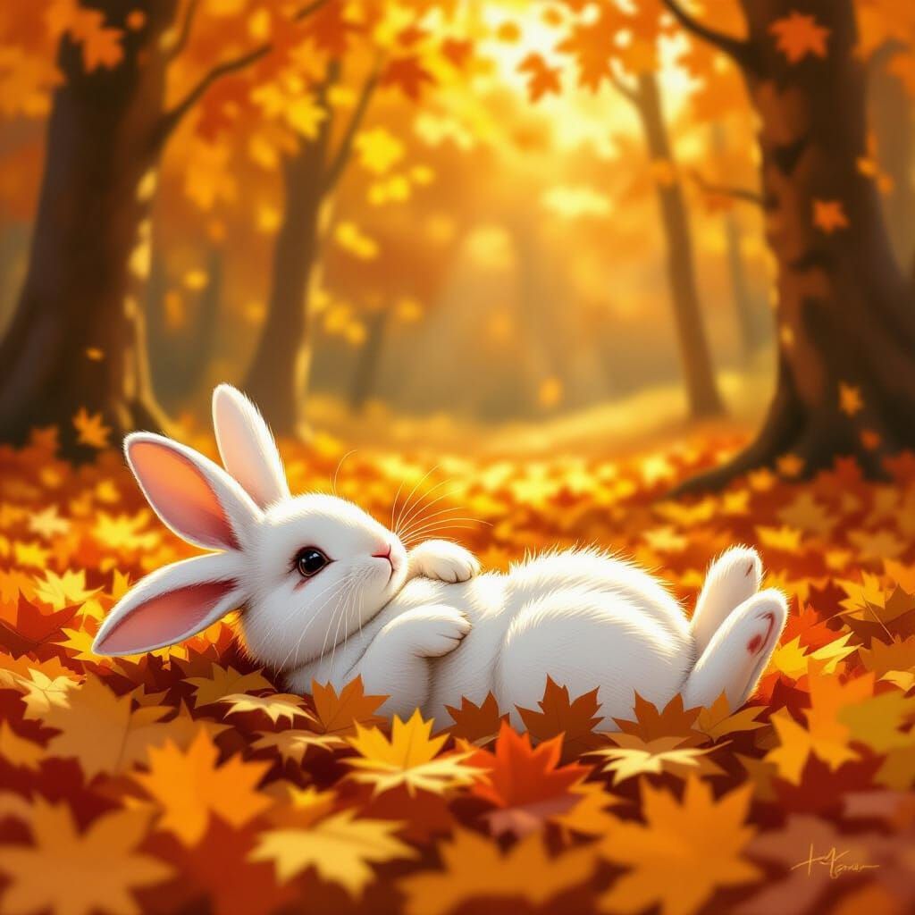 Cute White Rabbit Lounging in Autumn Leaves