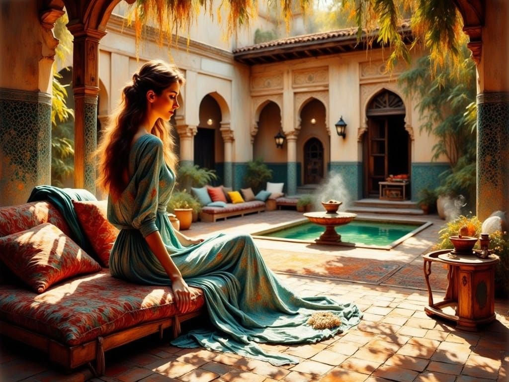 Elegant Woman in Moroccan Courtyard at Golden Hour