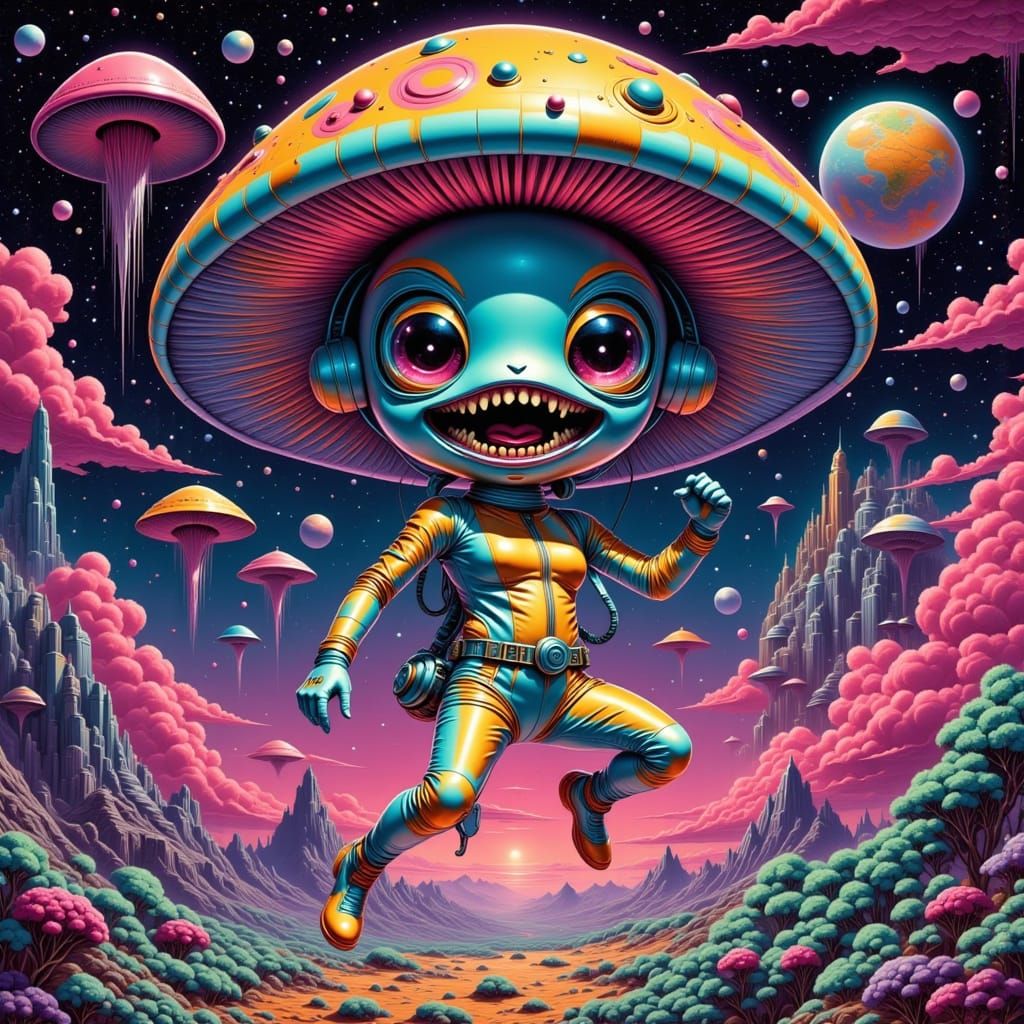 Cosmic Fungi in Vibrant Spacesuit