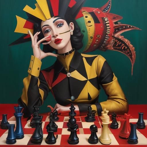 Surrealist Chessboard and Pieces in Oil on Canvas