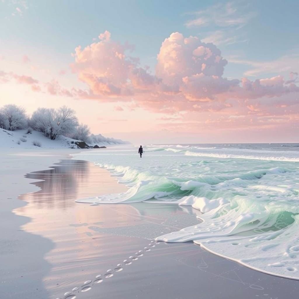 Winter Beach Scene in Watercolor Style