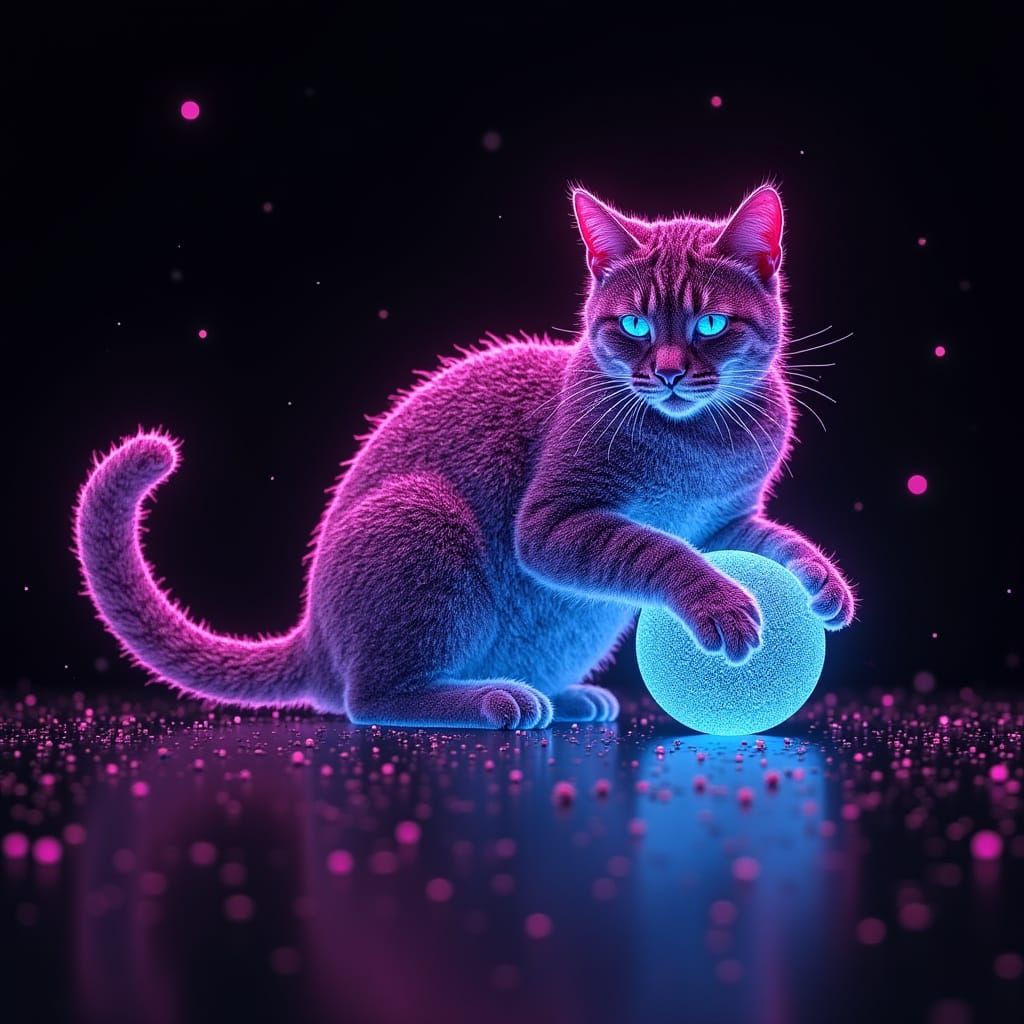 Holographic Cat Plays with Binary Ball in Digital Art