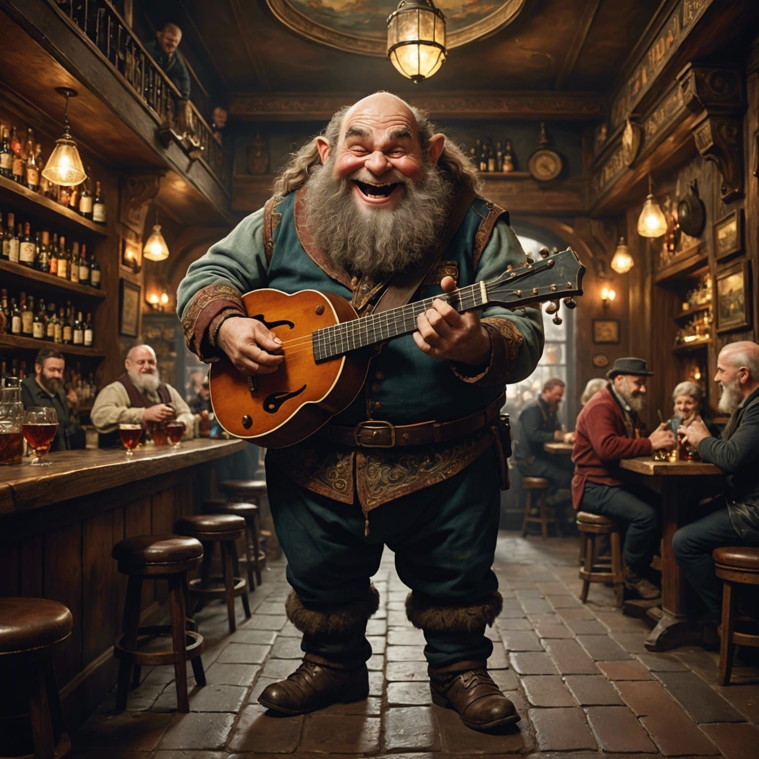 Laughing Dwarf Plays Mandolin in Bar, Digital Matte Painting