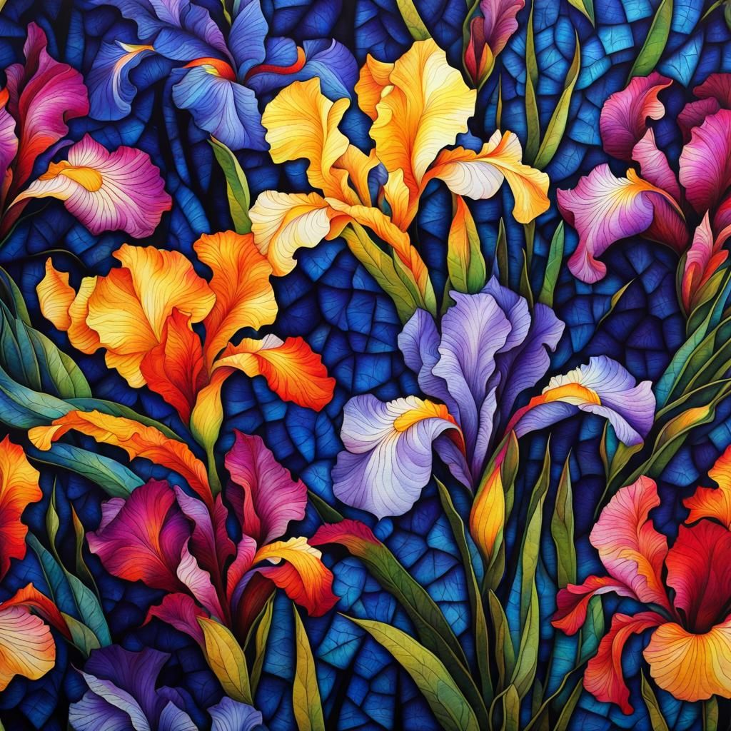 Colorful Batik Irises with Crackled Texture
