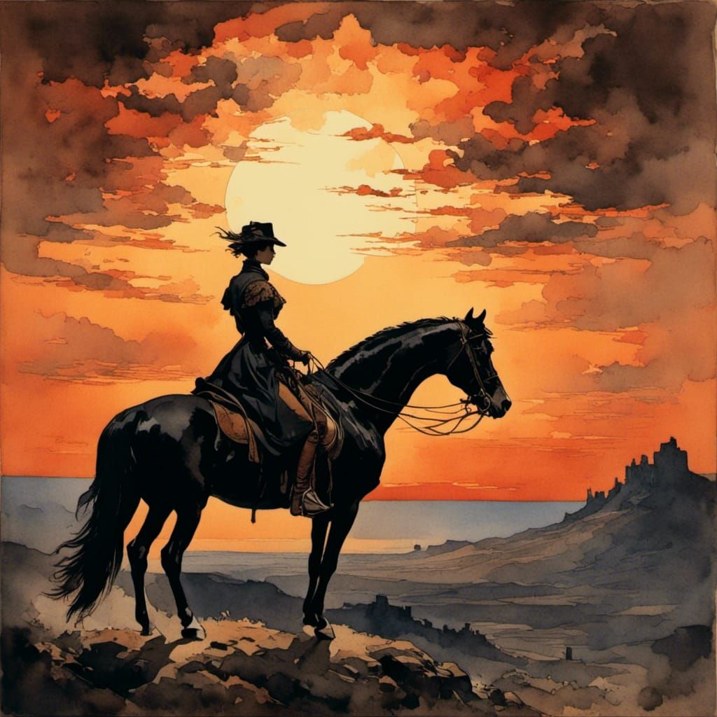 Heroic Female Rider at Sunset in Romantic Style
