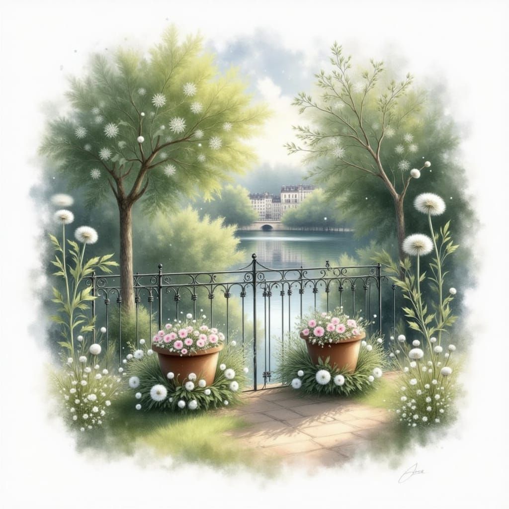 French Villa Balcony Overlooking the Seine in Watercolor