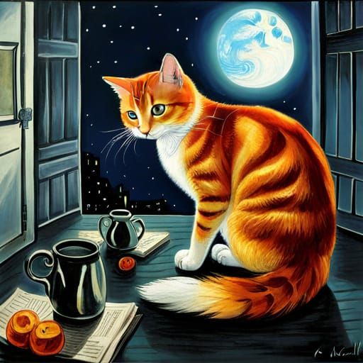 Biopunk Cat in Dystopian Landscape, Woodblock Print