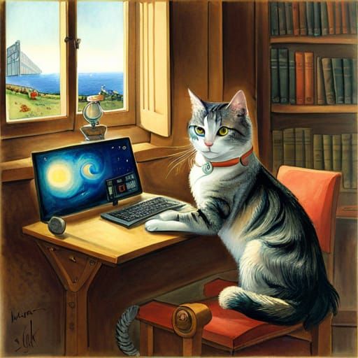 Cute Cat in Dystopian Biopunk Style Painting