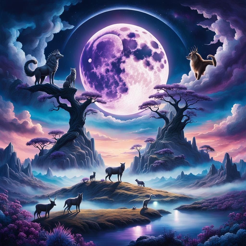 Fantasy Moonscape with Wild Animals in Watercolor