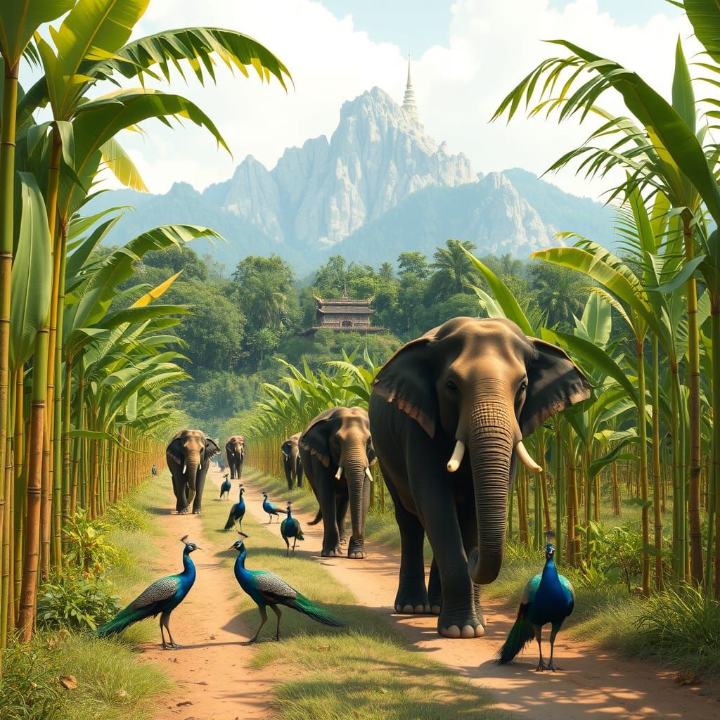 Elephants and Peacocks in Thailand Orchard