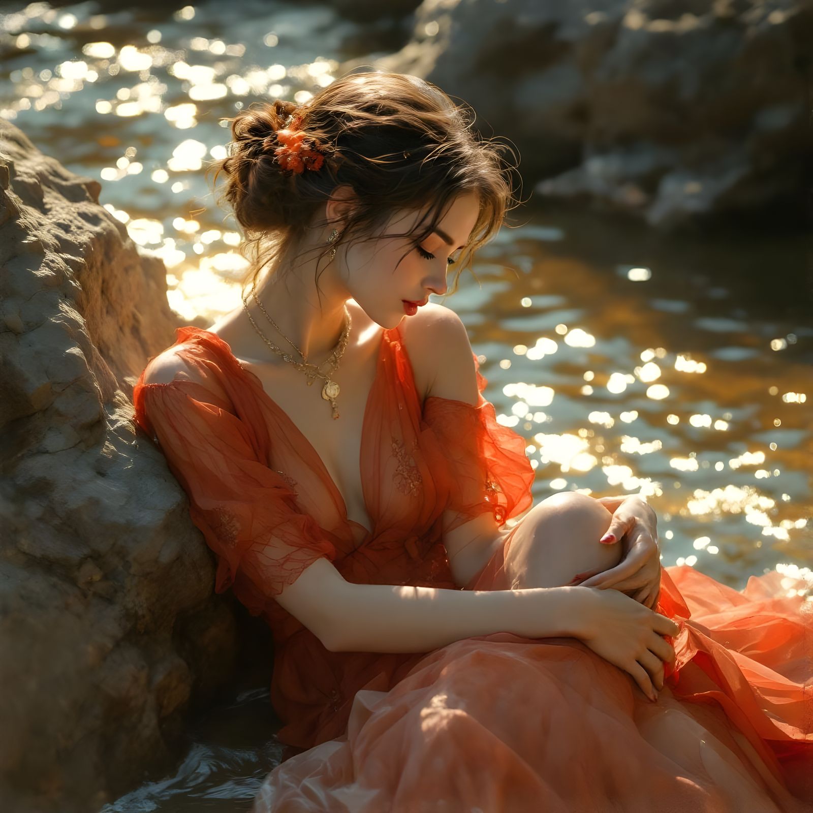 Women Whisper on River Rock in Da Vinci Style