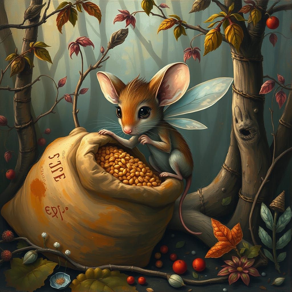 Mouse Fairy Stealing Grains in Whimsical Forest