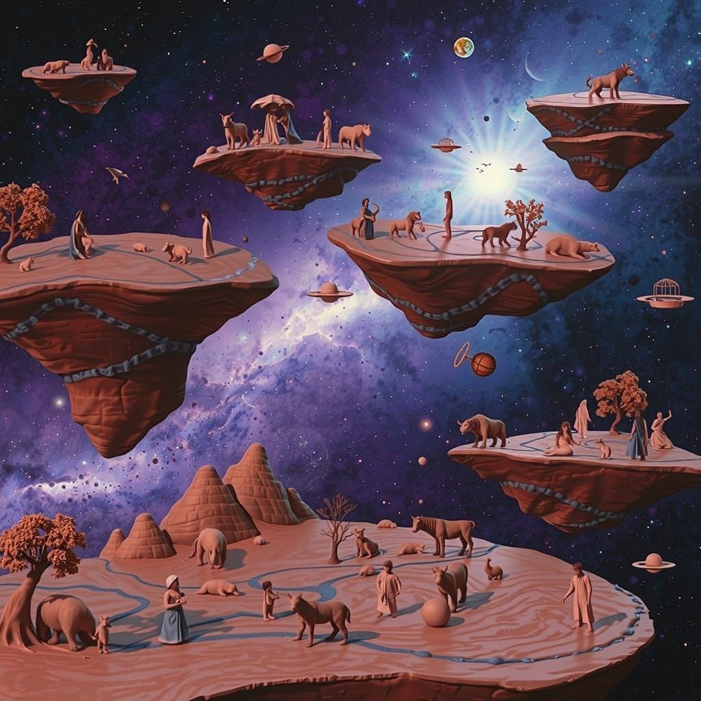 Cosmic Clay Islands in a Vibrant Astral Landscape