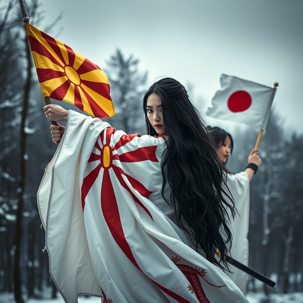 Evil Japanese Warrior Victorious with Macedonian Flag in Sno...
