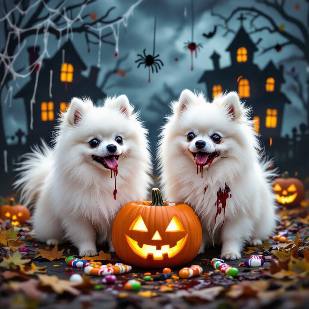 Zombie Pomeranians Trick-or-Treating on Halloween