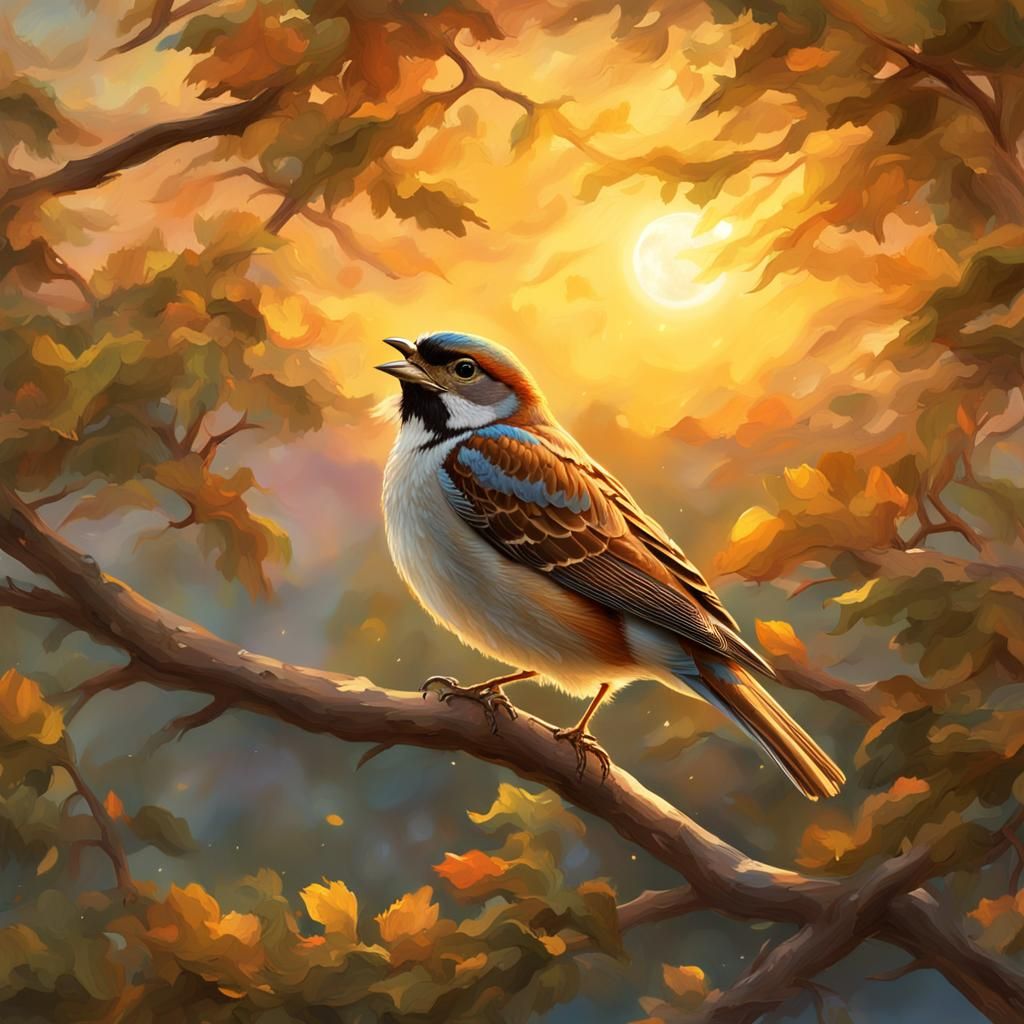 Sparrow's Sunrise Song: Oil Painting in Golden Hour