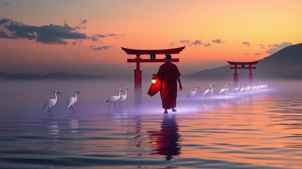 Mystical Monk on Water at Dusk: Surreal Japanese Art