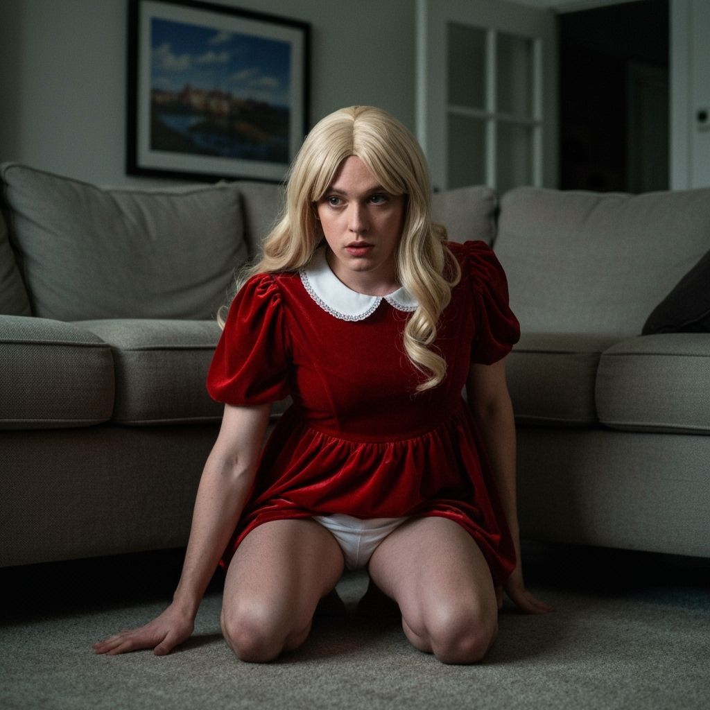 Young Man in Velvet Dress Under Sofa