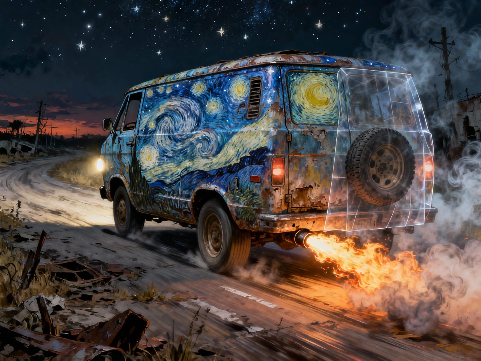 Post-Apocalyptic Van Speeds Through Starry Night