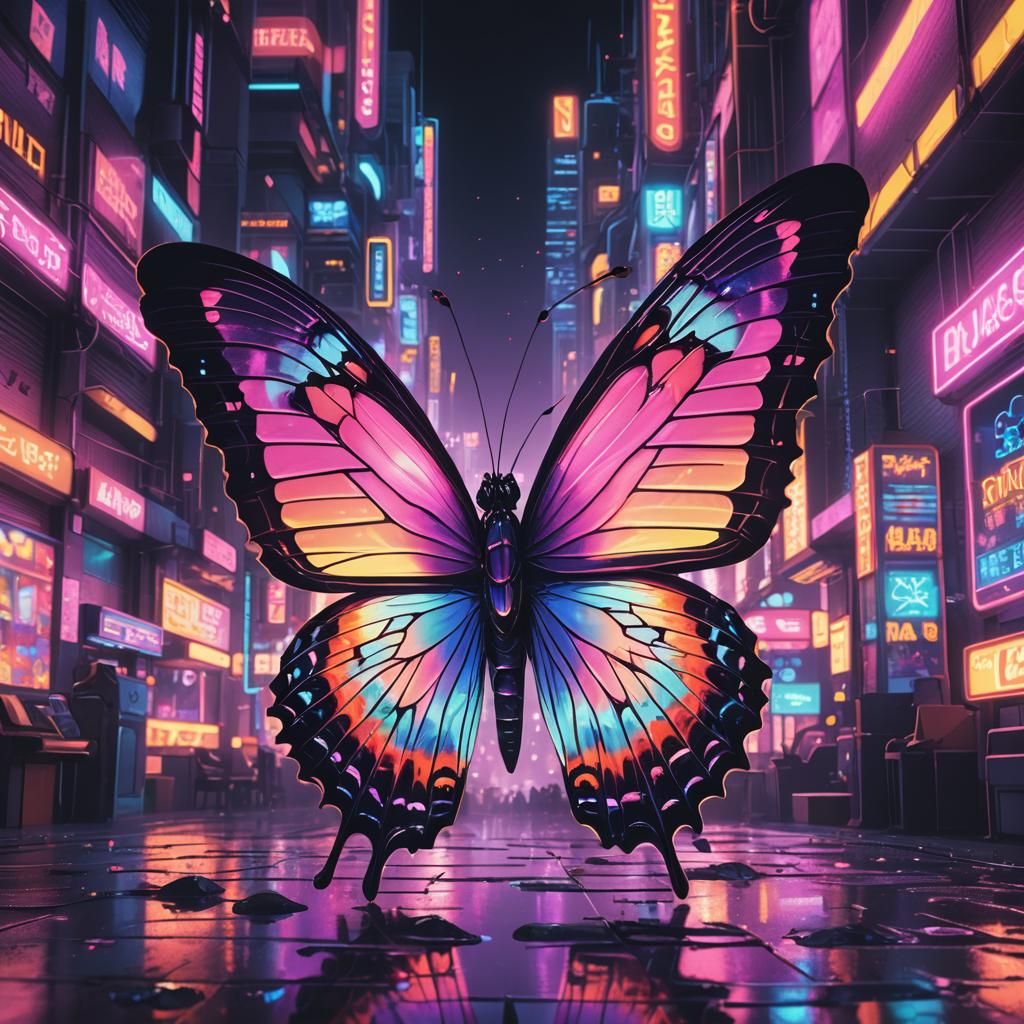 Iridescent Butterfly in Neon City Dreamscape