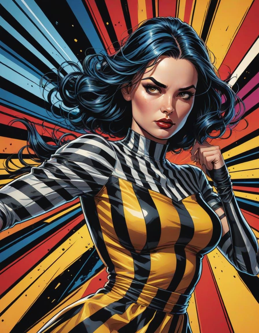 Vibrant Comic Book Art of a Woman in a Striped Dress