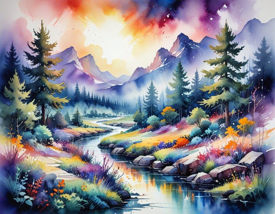 Ethereal Watercolor Landscape in Maximalist Style