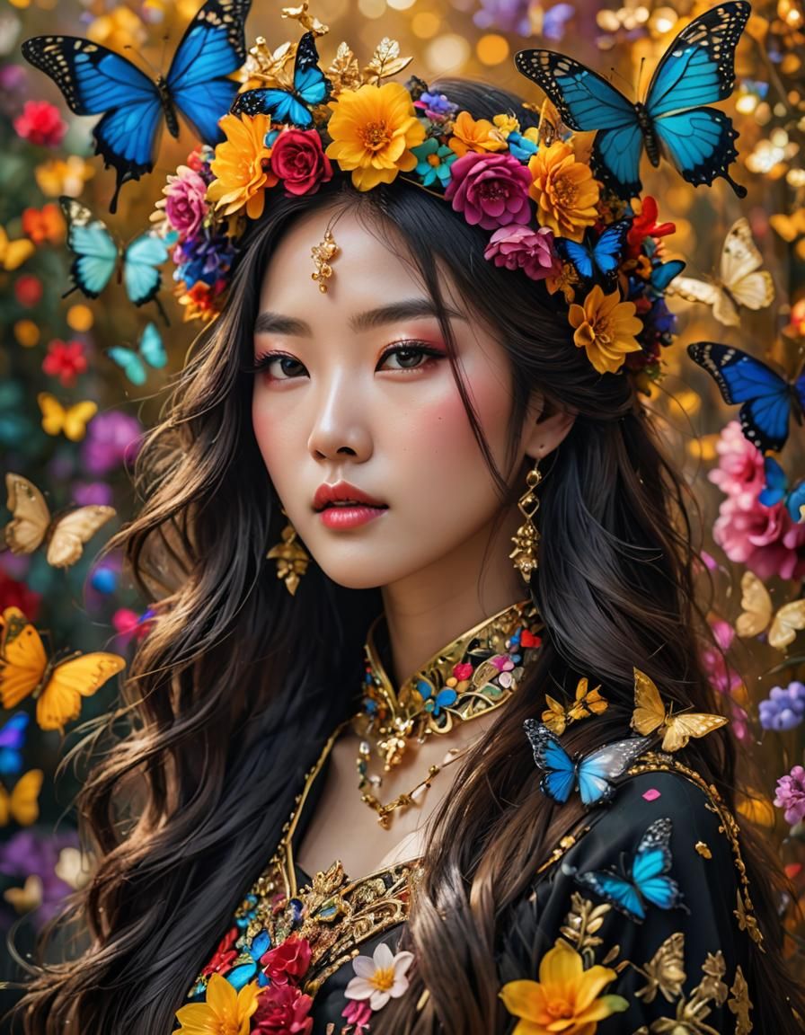 Ethereal Korean Woman in Floral Crown: Hyperrealistic Photo