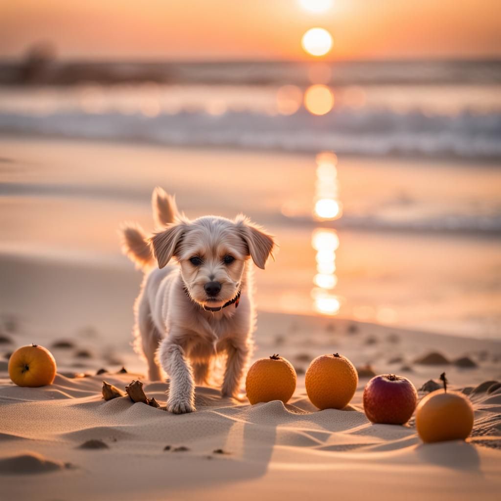 Sunset Beach Scene with Dog and Fruits